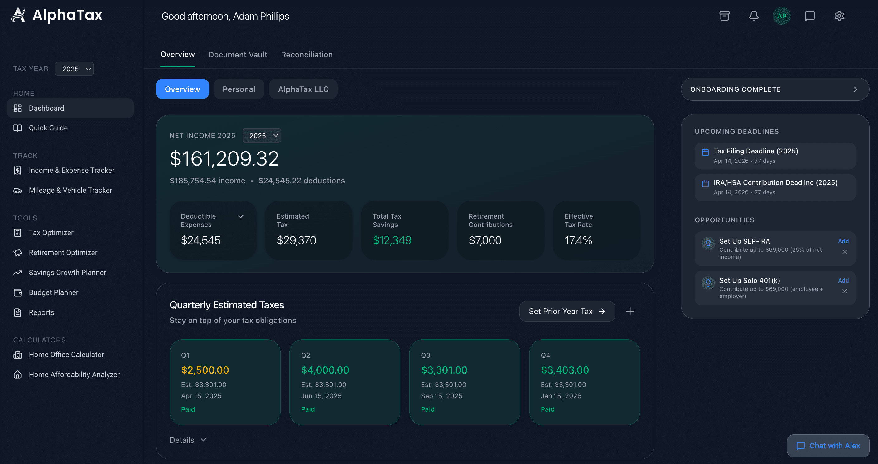 AlphaTax Dashboard - Tax optimization and financial intelligence platform